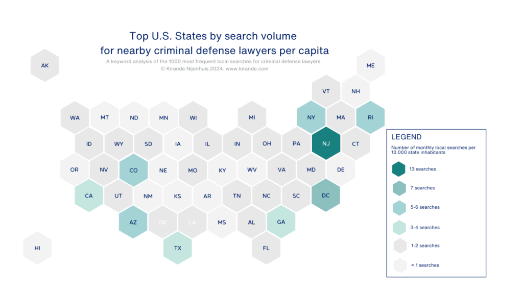 Top U.S. States by search volume  for nearby criminal defense lawyers per capita - local keyword analysis for lawyers