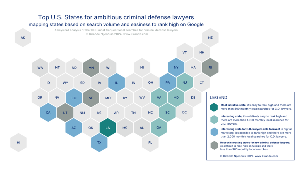 Top U.S. States for ambitious criminal defense lawyers  - local keyword analysis for lawyers