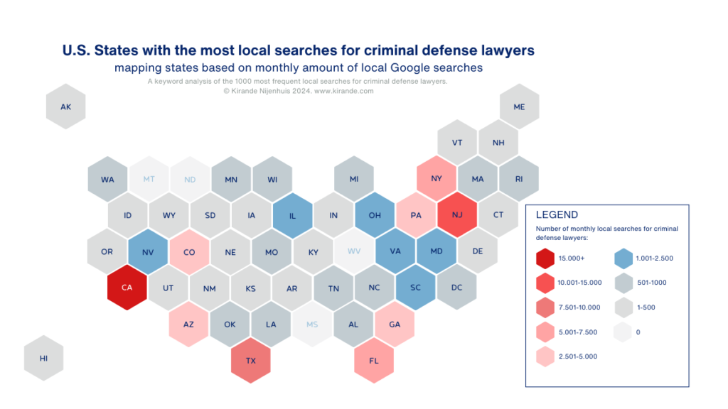 U.S. States with the most local searches for criminal defense lawyers - local keyword analysis for lawyers